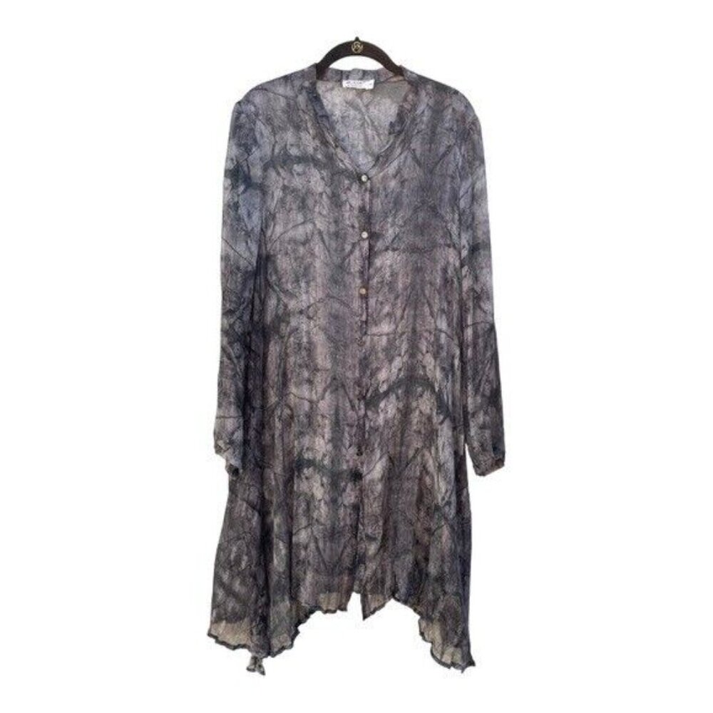 MC Planet Women's Black & Grey Marble Button-Down Long Sleeve Sheer Tunic Sz 10